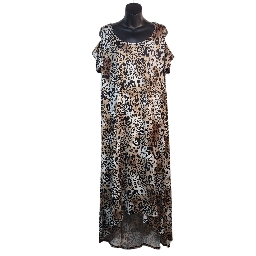 NY Collection Women's Leopard Print Cold Shoulder High Low Maxi Dress Sz 1X NWT
